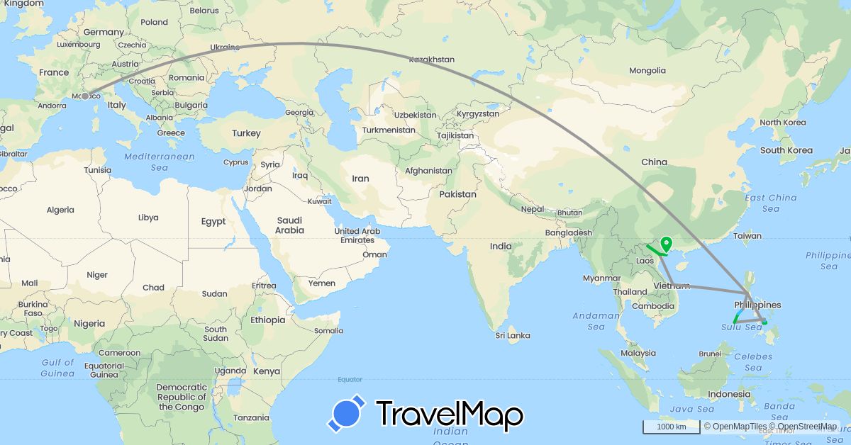 TravelMap itinerary: driving, bus, plane, boat in France, Philippines, Vietnam (Asia, Europe)